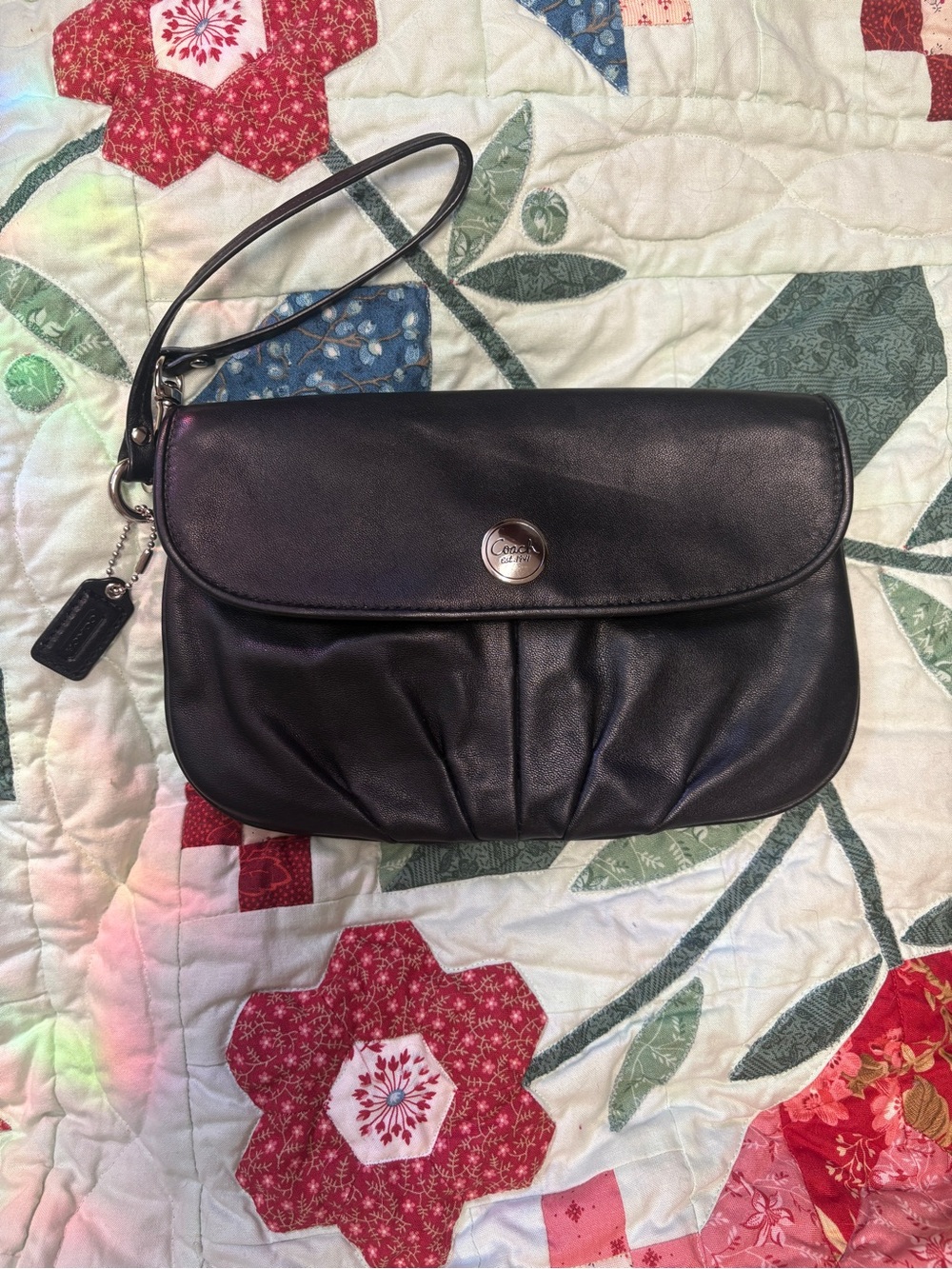 Coach Pleated Flap Wristlet Clutch Black Leather